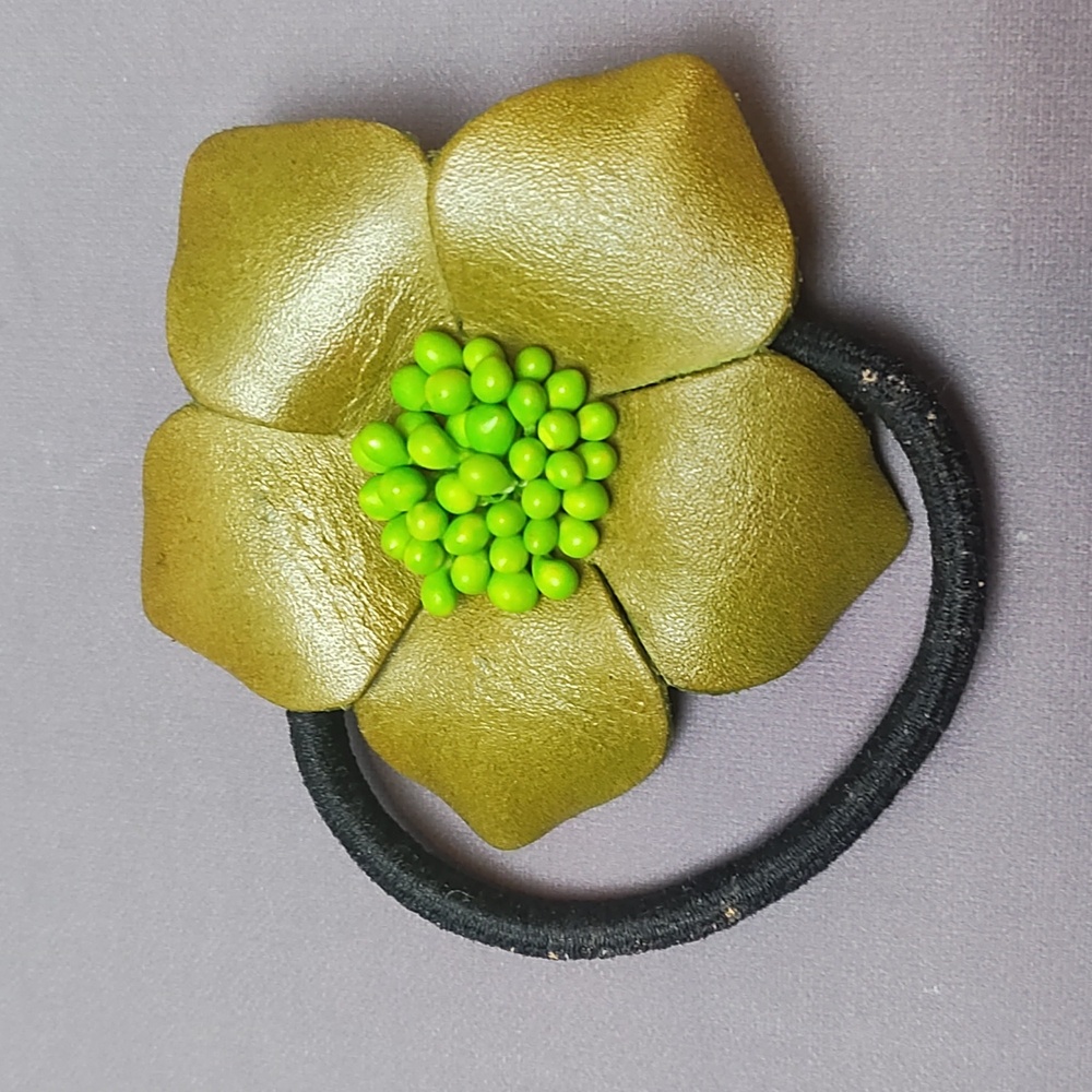 2" green leather flower ponytail holder